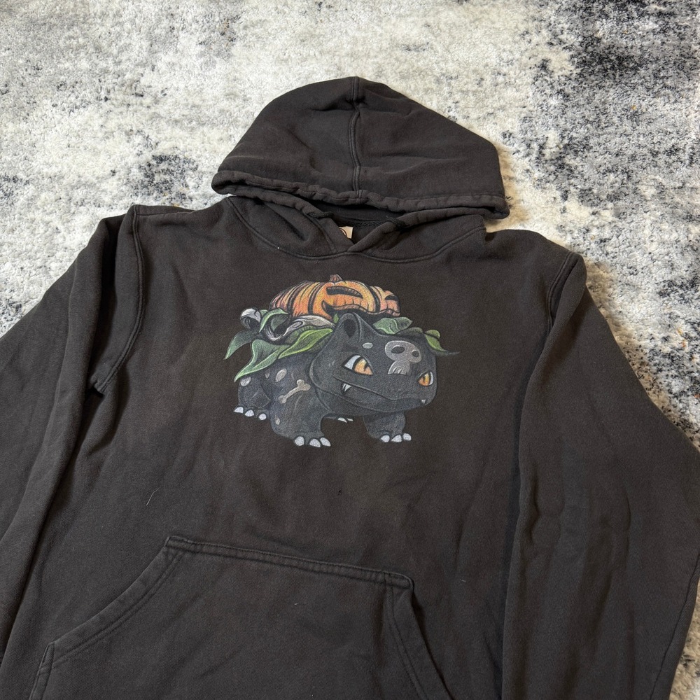 Delta Fleece Mens Bulbasaur Pumpkin Halloween Graphic Hoodie Black Medium